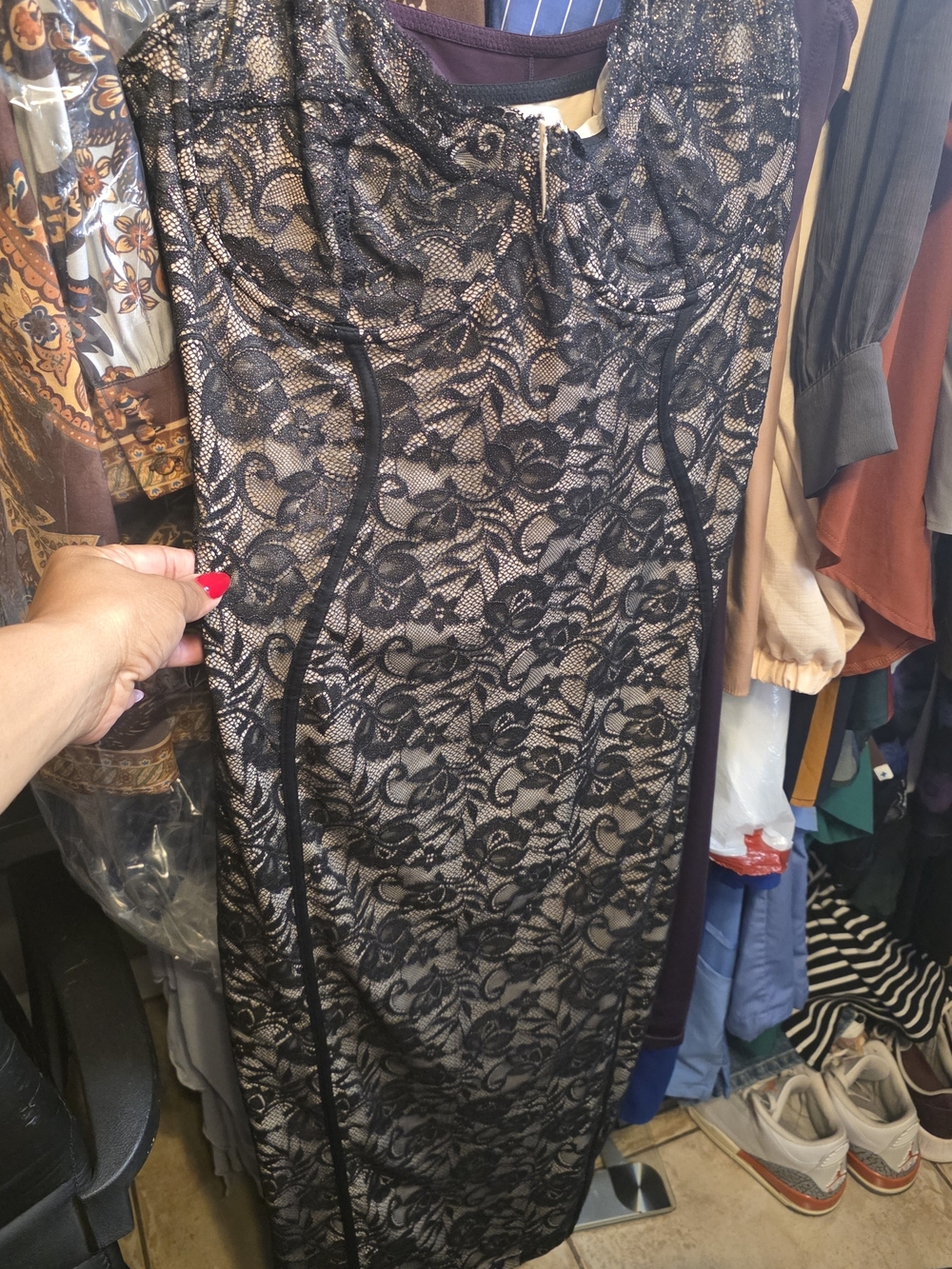 Sleeveless Black Lace Midi Dress with Nude Lining